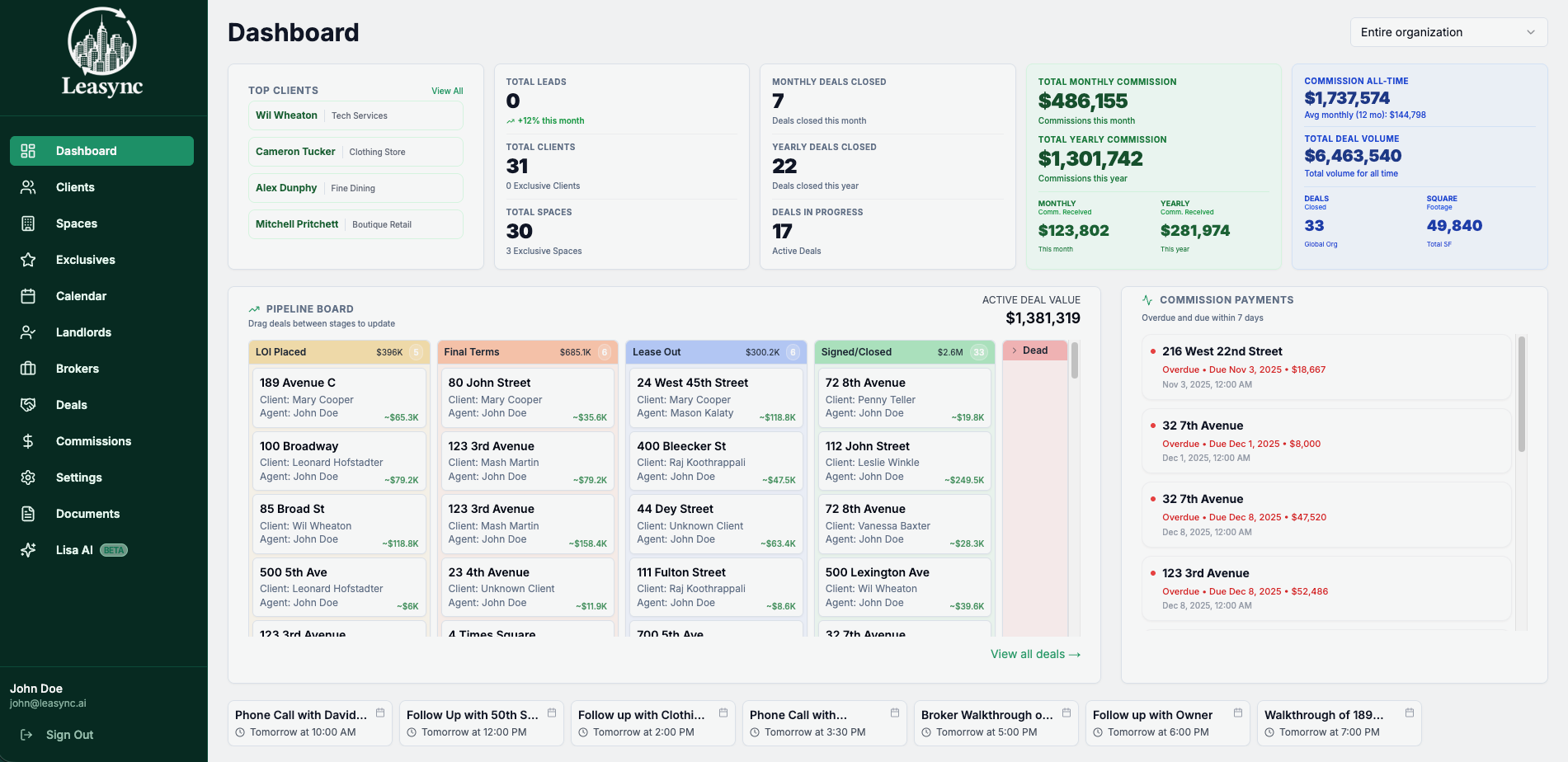 Leasync dashboard — pipeline, commissions, and deal overview